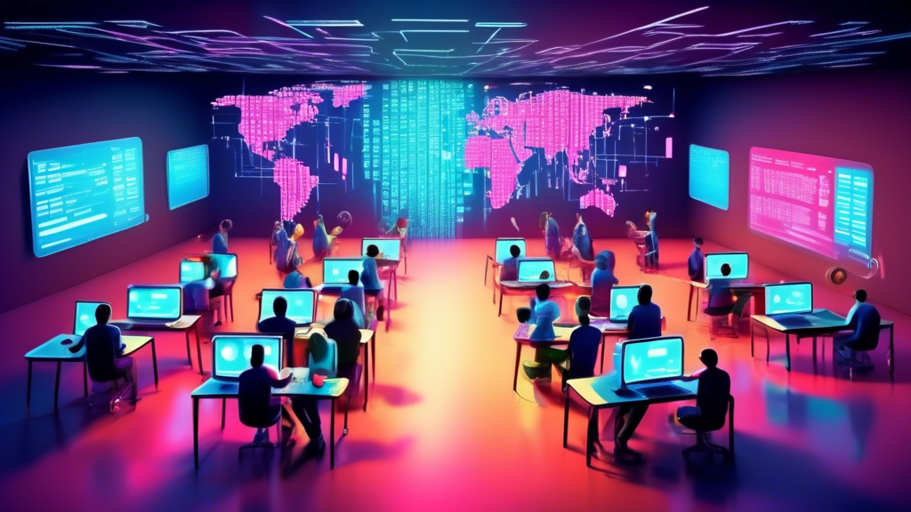 Digital classroom with students from around the world learning about IT security and protection through online courses, visualized as cyber shields and binary code in the virtual space around them.