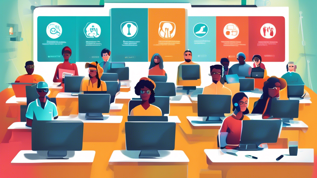 Digital illustration of a diverse group of people attending an online safety training course on their computers and tablets, displayed in a virtual classroom setting with safety symbols and equipment all around.