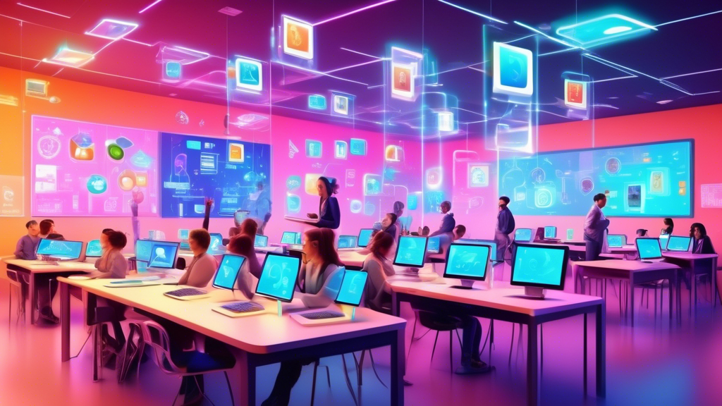DALL-E, generate an image of a bright, modern digital classroom filled with diverse students learning quality management standards on glowing futuristic tablets and screens, with ISO certification logos holographically floating in the air.