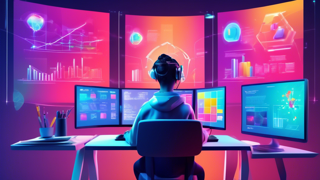 Digital illustration of a student learning online with multiple computer screens displaying graphs, quality control charts, and certificates floating around in a futuristic virtual learning environment.