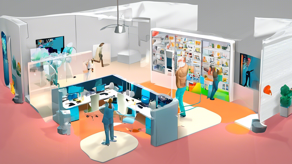 Illustration eines virtuellen Arbeitssicherheitsschulungsraums mit 3D-Avataren, die interaktive Simulationen zur Vermeidung von Arbeitsunfällen durchführen.