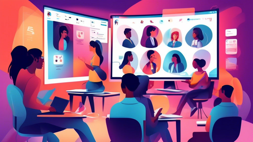 Digital classroom of the future with diverse students engaging in an online quality forum for E-Learning, showcasing interactive technology and collaborative learning.