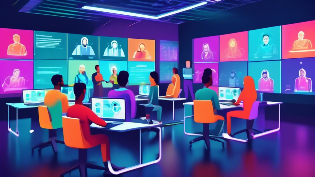 Illustration of a virtual classroom with diverse avatars attending a webinar on IT security fundamentals, featuring digital locks and firewalls on the screen, in a futuristic cyber classroom setting.