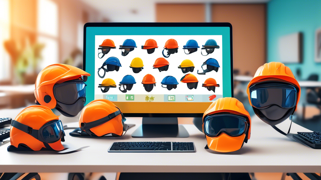 Digital classroom with virtual avatars attending an online safety training webinar displayed on a computer screen, with symbols of helmets, gloves, and safety goggles floating above the keyboard, highlighting key aspects of workplace safety.