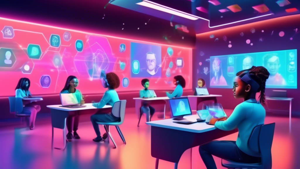 Digital classroom with diverse virtual avatars using futuristic HR tools on floating holographic screens.