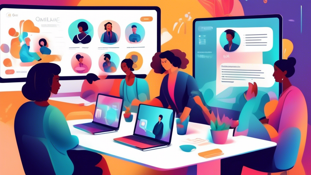 Digital illustration of a live online seminar with diverse participants learning about compliance responsibility, displayed on a modern interactive interface with chat and Q&A features, emphasizing a global and inclusive atmosphere.