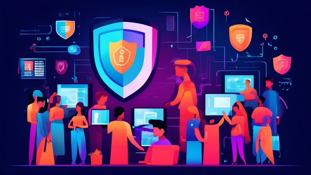 An engaging online classroom filled with diverse students learning IT security and data privacy from a digital interface displaying code and a shield symbolizing protection.