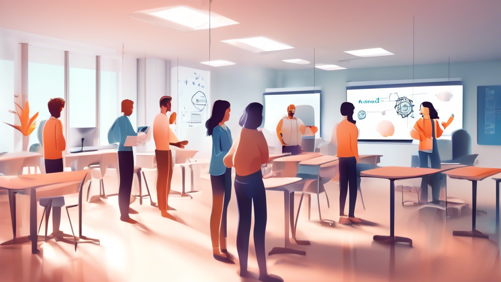 Ein lebendiges digitales Klassenzimmer voller virtueller Avatare, die an interaktiven Online-Trainingsmodulen teilnehmen, mit dem Fokus auf der Förderung von Soft Skills und fachlicher Kompetenz in einer futuristischen Arbeitsumgebung.