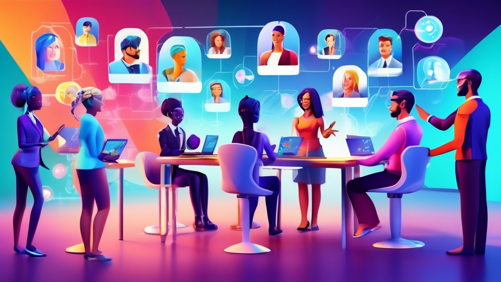 Digital classroom setting with diverse group of avatars engaging in interactive human resources development activities on a futuristic virtual platform.