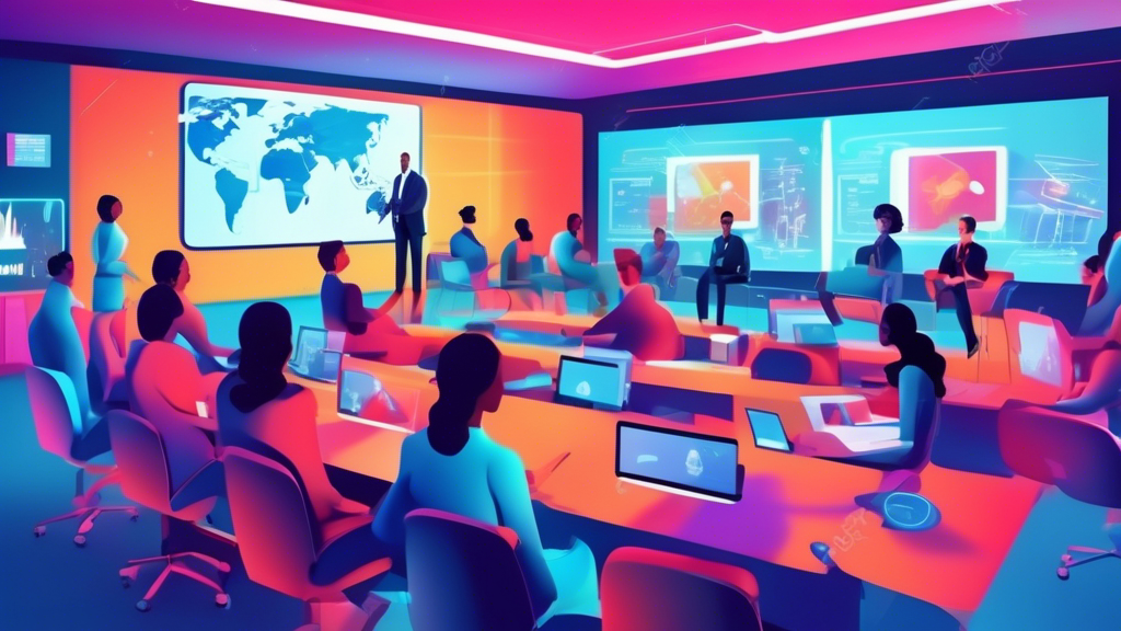 Digital classroom with diverse future leaders attending an online Human Resources training program, interactive and futuristic learning environment