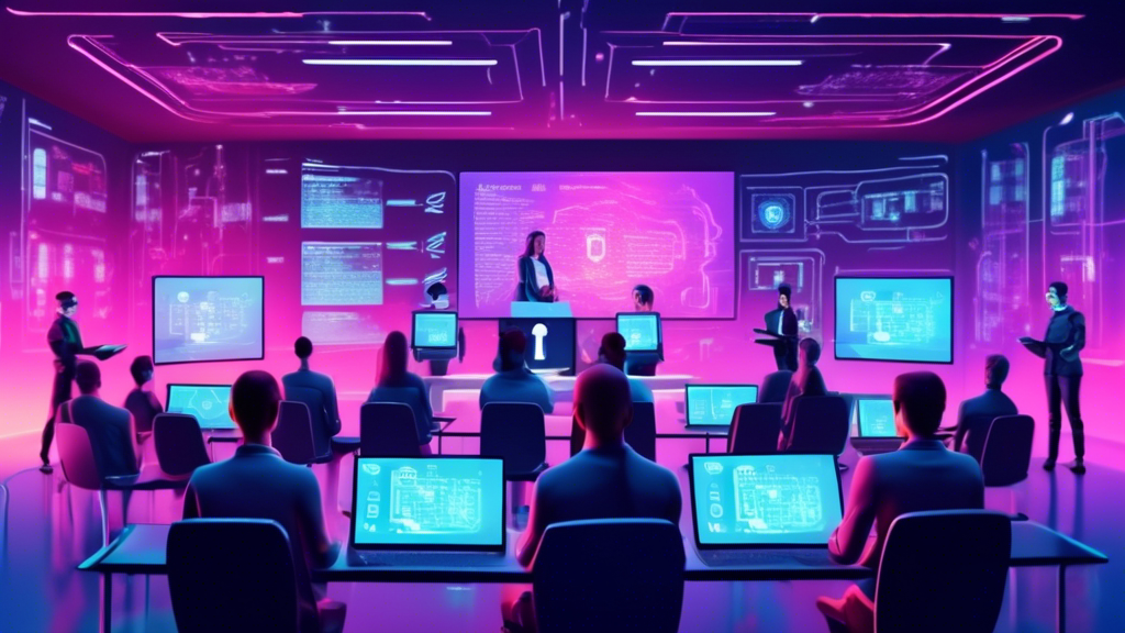 Digital classroom with virtual students and an instructor giving a lecture on IT Security Audit, with screens displaying code and security lock icons, in a futuristic cyberspace setting.