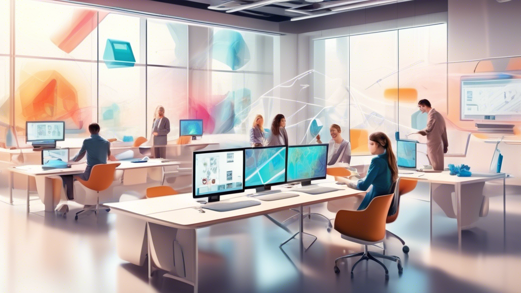 Ein futuristisches virtuelles Klassenzimmer mit integrierten Performance-Management-Systemen, das individuelle Lernfortschritte in Echtzeit visualisiert, vor einem Hintergrund aus digitalem Netzwerk.