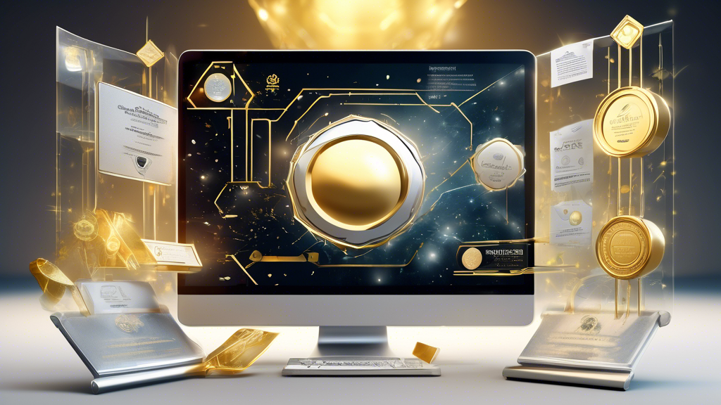 An artistic representation of a digital diploma embellished with gold and silver emblems of various quality assurance certifications, floating above a futuristic e-learning platform interface, symbolizing excellence in online education.