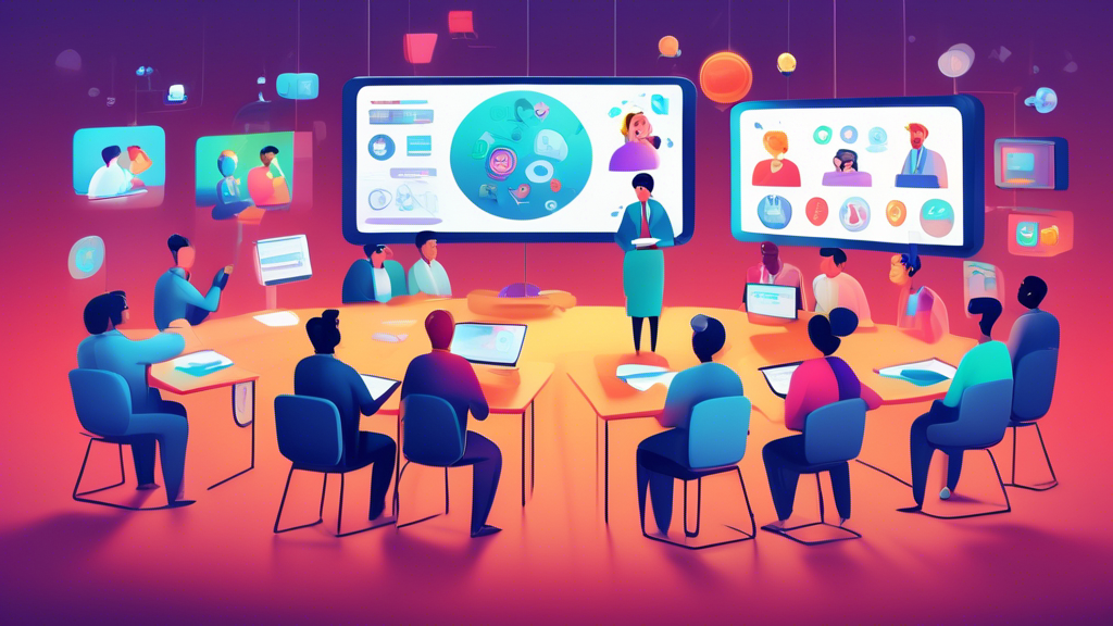Digital illustration of a serene virtual classroom filled with diverse animated characters attentively participating in an interactive e-learning session, showcasing various icons symbolizing quality assurance systems surrounding them, all under soft, inviting light.