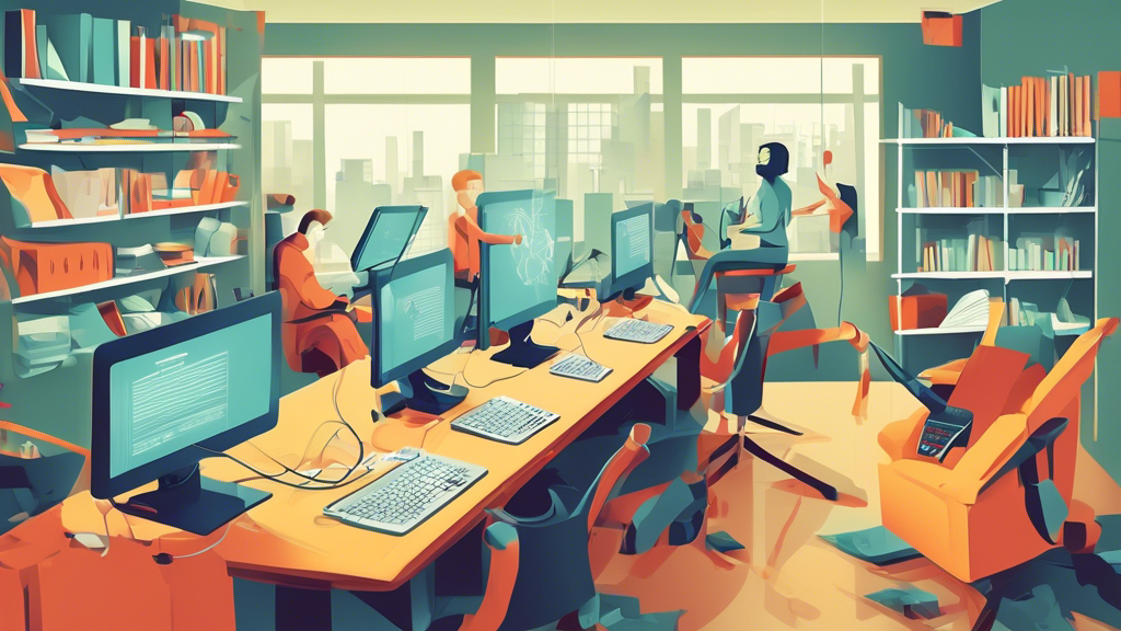Detaillierte Illustration eines modernen Büroarbeitsplatzes mit Mitarbeitern, die interaktiv eine E-Learning Sicherheitsschulung auf ihren Computern durchführen, umgeben von visuellen Sicherheitshinweisen und Richtlinien.
