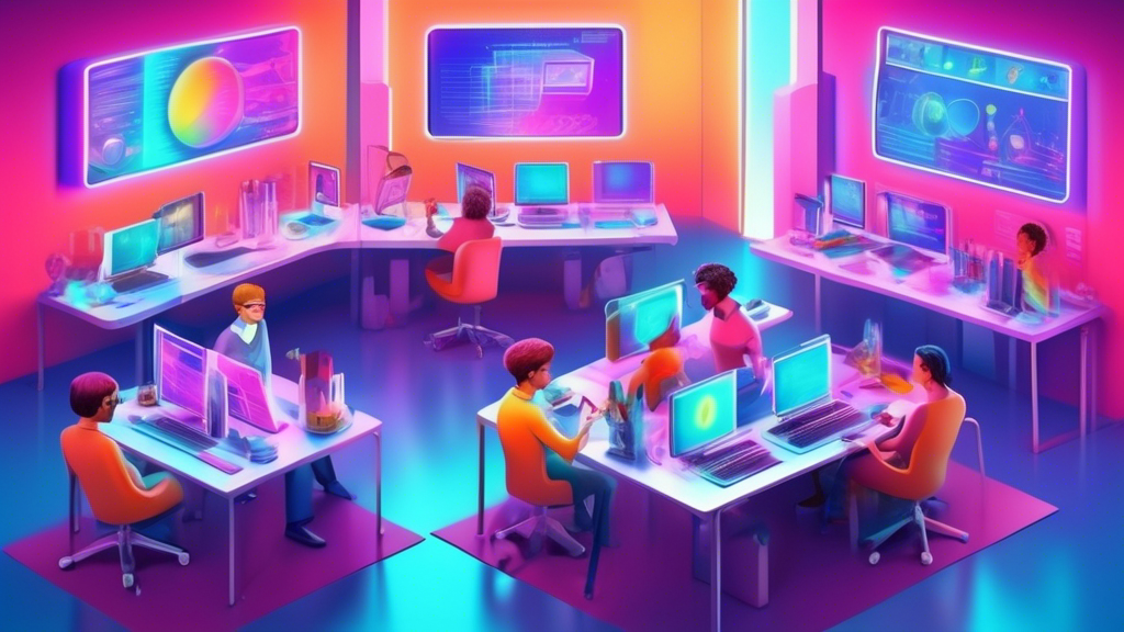 Ein futuristisches Online-Klassenzimmer voller diverser Menschen, die an holographischen Computern arbeiten, umgeben von digitalen Informationsströmen zur Entwicklung von Humanressourcen.
