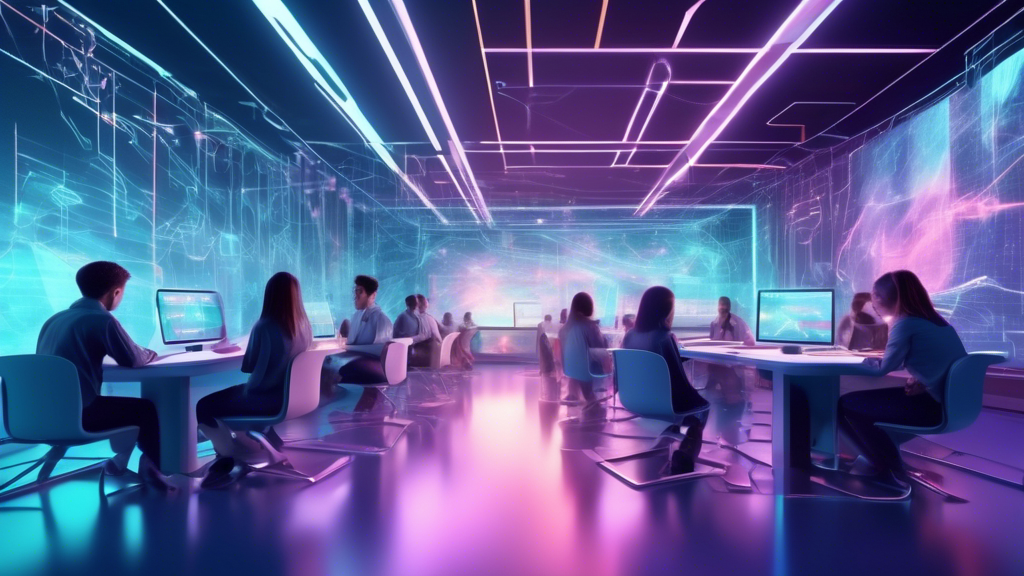 Digital artwork visualizing a futuristic E-learning classroom with students using advanced data analysis tools on holographic displays.