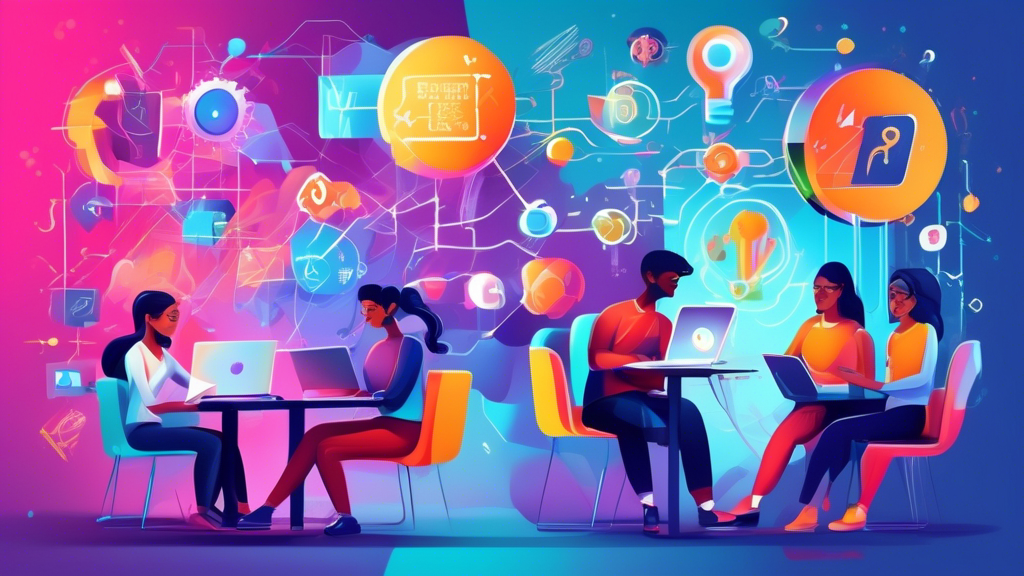 Digital painting of diverse students engaging with interactive online quality assurance courses on futuristic e-learning platforms, surrounded by symbols of excellence and innovation.