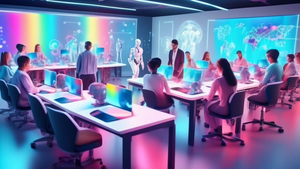 Digital classroom of the future with holographic technology and diverse virtual students attended by AI-powered humanoid robots for an innovative online human resources training seminar