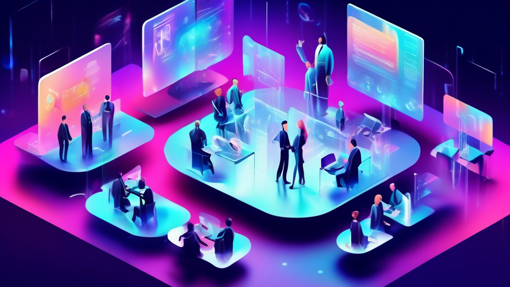 Illustration of a futuristic virtual HR conference and e-learning platform with holographic participants and digital learning materials floating in a high-tech virtual space.