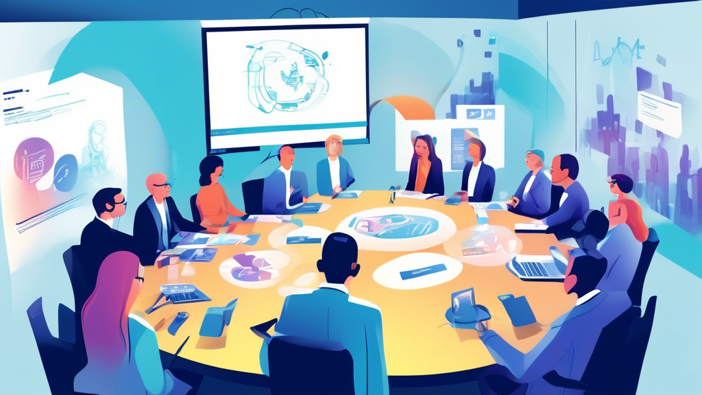 Digitale Illustration eines virtuellen HR-Roundtable-Gesprächs bei der LEARNTEC Konferenz, mit Teilnehmern, die über E-Learning diskutieren und digitale Bildungstechnologien auf ihren virtuellen Bildschirmen erkunden.