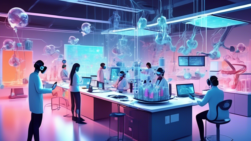 Digital illustration of a virtual laboratory setup with students conducting experiments through e-learning platforms, featuring futuristic technology in an immersive virtual reality environment.