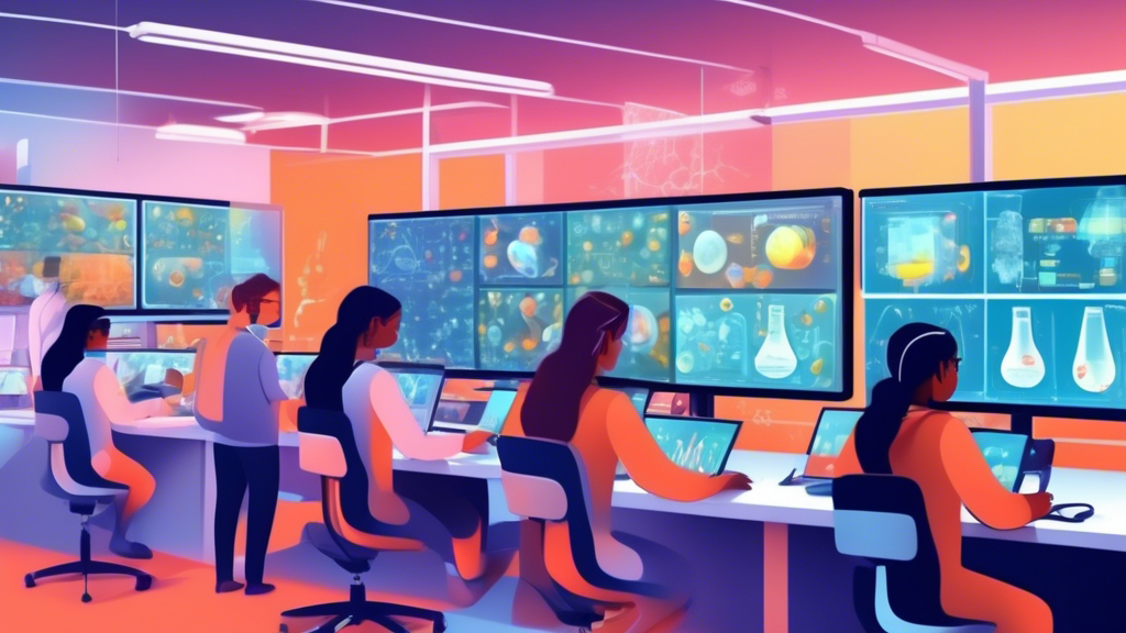 Detailed illustration of students engaging in virtual laboratory simulations on computers, with various scientific experiments being conducted on-screen, in an advanced digital e-learning environment.