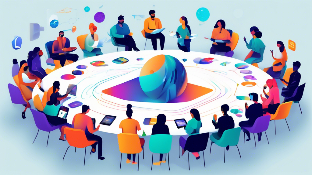 Digital illustration of diverse people participating in a virtual quality circle, engaging in a lively discussion over e-learning platforms with futuristic technology elements and educational icons floating around.