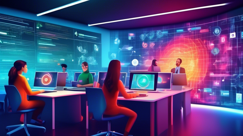Digital classroom setup with students learning about IT security concepts through e-learning platforms, featuring computer screens displaying firewalls and encryption algorithms, in a futuristic virtual environment.