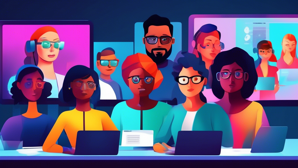 Digital Painting of a modern virtual classroom with diverse avatars participating in an interactive online workshop on Compliance Policies.