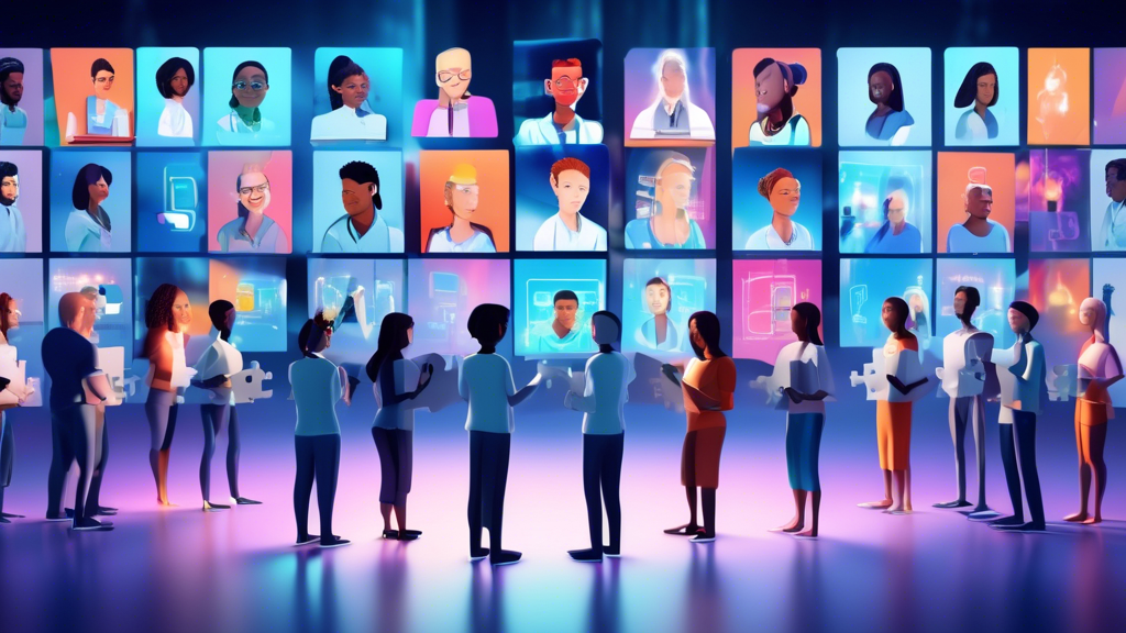 Digital classroom setup with a diverse group of virtual avatars, each holding a piece of a jigsaw puzzle that forms an e-learning storyboard, against a backdrop of futuristic digital screens displaying flowcharts and scripts.