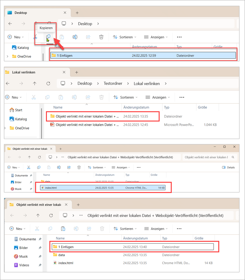 Das Bild zeigt die Reihenfolge auf, wo nun der Ordner 1 Einfügen in den veröffentlichten Ablageort eingefügt werden soll. Damit index Datei und der eingefügte Ordner beisammen liegen.