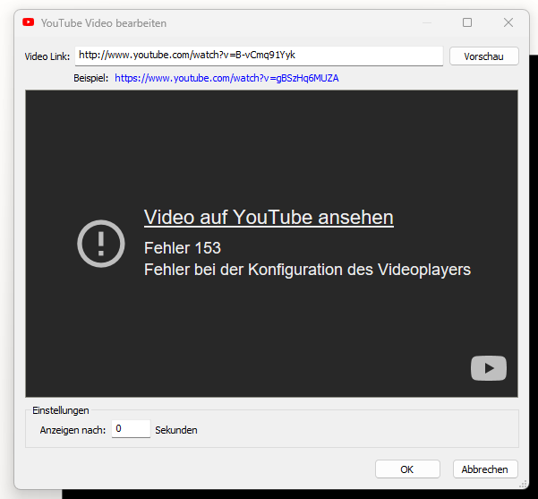 Bild von Fehlercode 153 beim YouTube Video einbetten in iSpring Suite