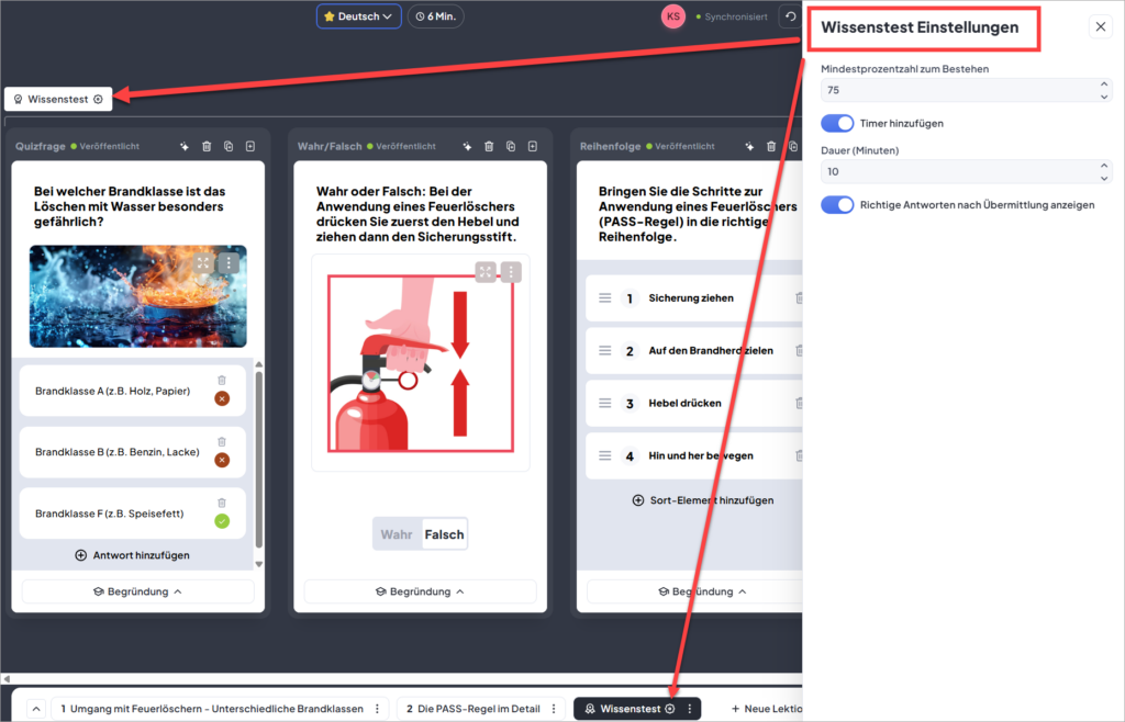 Einstellungen f&uuml;r den Wissenstest