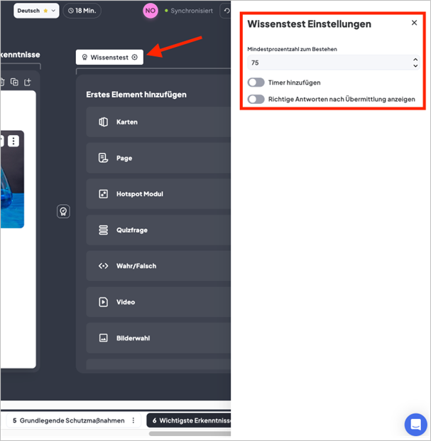 Einstellungsmöglichkeiten im Wissenstest
