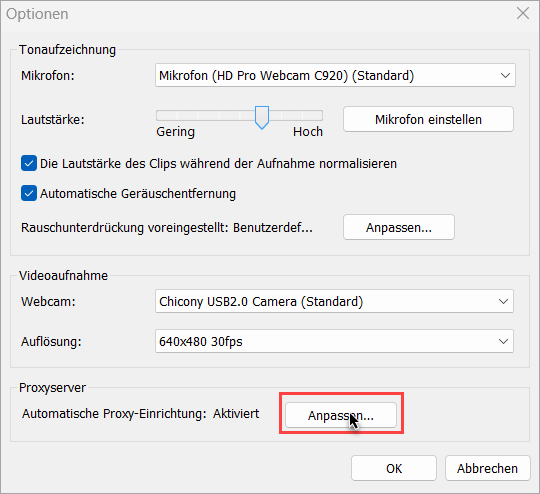 Bei Proxyserver Klick auf Anpassen