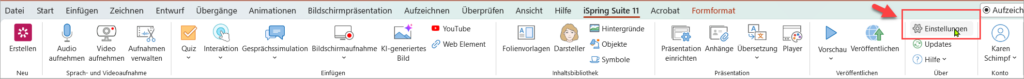 Klick auf Einstellungen im iSpring Suite Ribbon