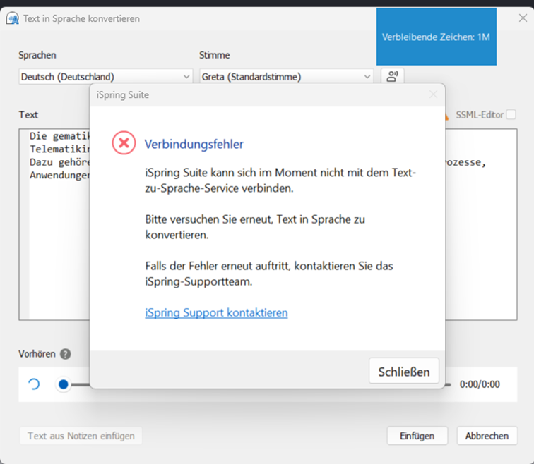 Text-to-Speech Fehlermeldung