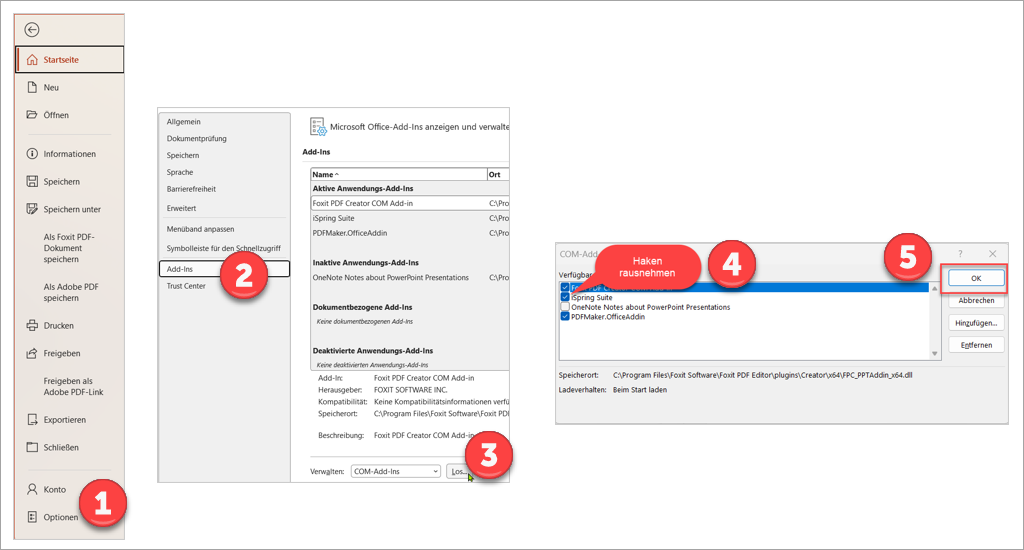 iSpring Add-In deaktiviren