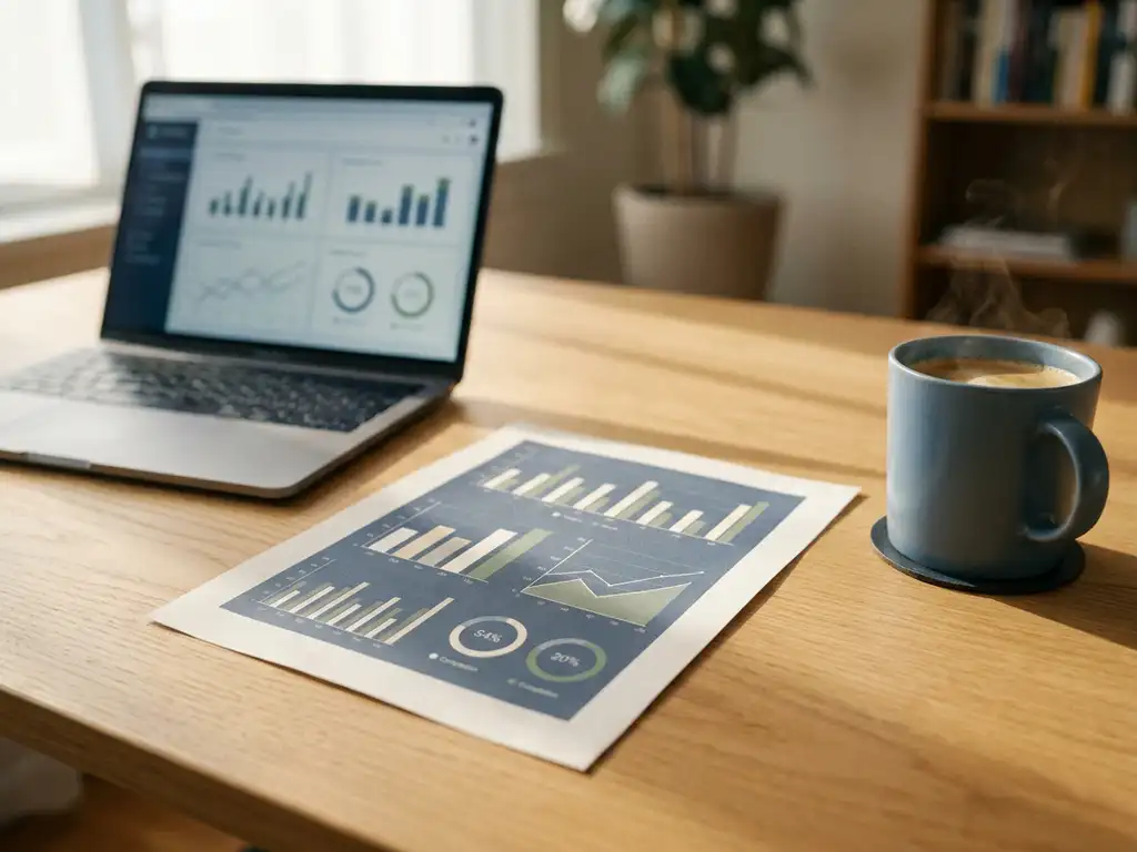 Analytik-Dashboard-Ausdruck auf modernem Schreibtisch neben Laptop und dampfender Kaffeetasse, Fortschrittsdiagramme im natürlichen Seitenlicht.