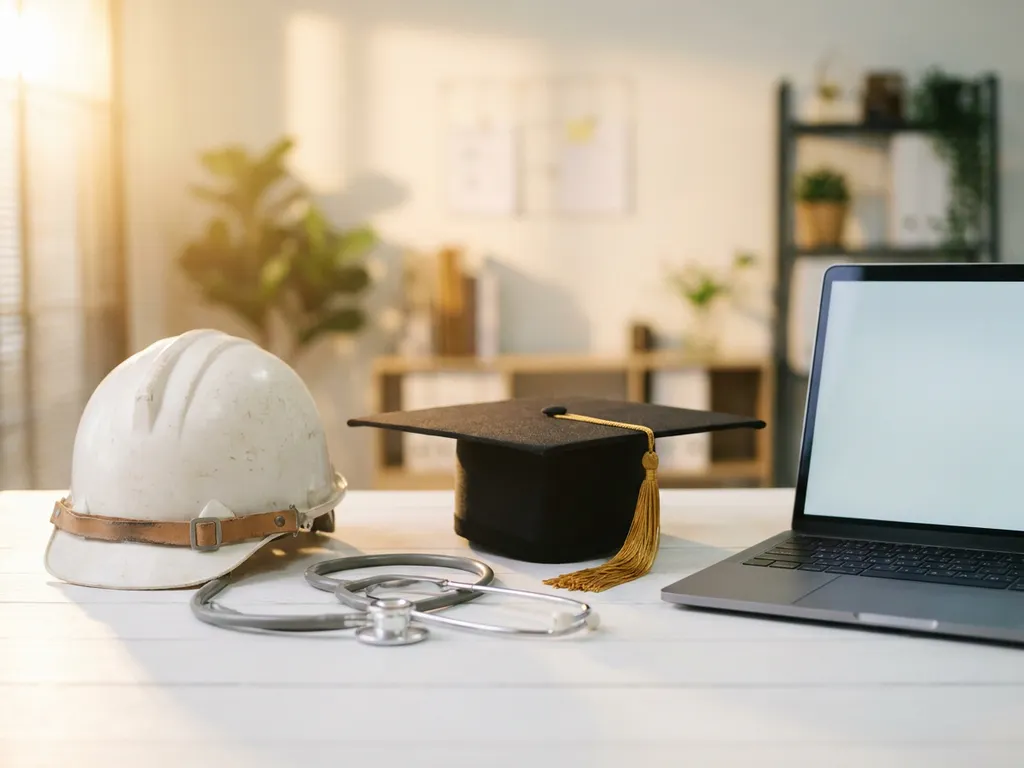Schutzhelm, Stethoskop, Abschlusskappe und Laptop nebeneinander auf weißem Tisch im warmen Gegenlicht.