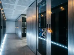 Serverrack in deutschem Rechenzentrum mit leuchtendem Vorhängeschloss, ordentlichem Kabelmanagement und stahlblauer Industriebeleuchtung.