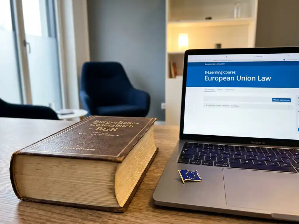 Deutsches Gesetzbuch neben einem Laptop mit E-Learning-Kurs und EU-Flaggen-Pin auf modernem Büroschreibtisch.