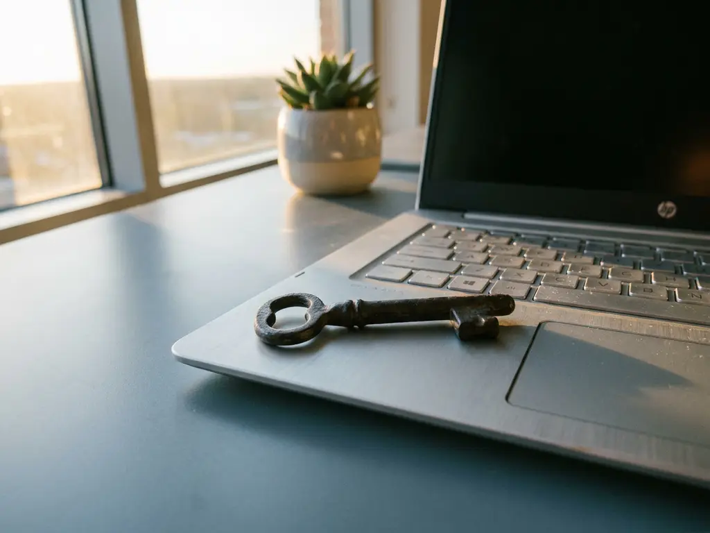 Eiserner Schlüssel auf Laptop-Tastatur in modernem Büro, warmes Morgenlicht, unscharfe Topfpflanze im Hintergrund.