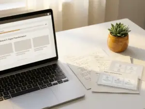 Laptop auf weißem Schreibtisch zeigt E-Learning-Kurs, daneben handschriftliche Notizen und strukturierte Folien, kleine Sukkulente im Morgenlicht.