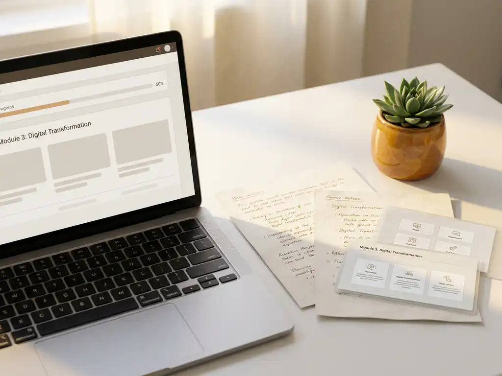 Laptop auf weißem Schreibtisch zeigt E-Learning-Kurs, daneben handschriftliche Notizen und strukturierte Folien, kleine Sukkulente im Morgenlicht.