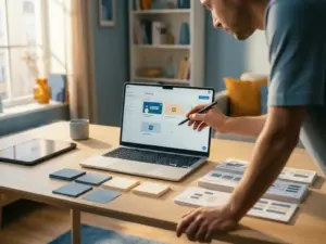 Person erstellt interaktives E-Learning-Modul am Laptop, umgeben von Karteikarten und Kursunterlagen auf modernem Schreibtisch.