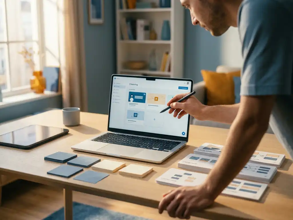 Person erstellt interaktives E-Learning-Modul am Laptop, umgeben von Karteikarten und Kursunterlagen auf modernem Schreibtisch.