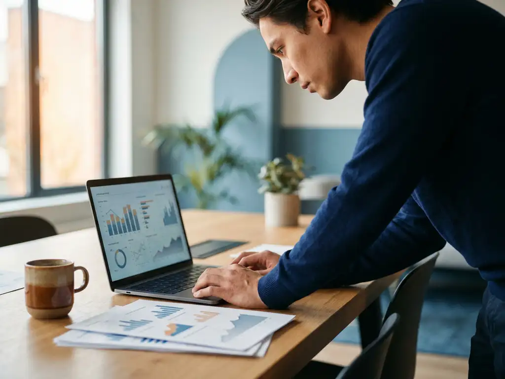 Fachkraft analysiert Fortschritts-Dashboard auf Laptop mit Leistungsberichten und Kaffeetasse am modernen Schreibtisch.