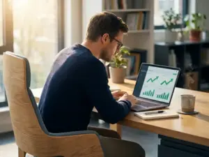 Fachkraft analysiert steigende Leistungsgrafiken auf Laptop-Dashboard im modernen Büro mit Morgenlicht und Kaffeetasse.